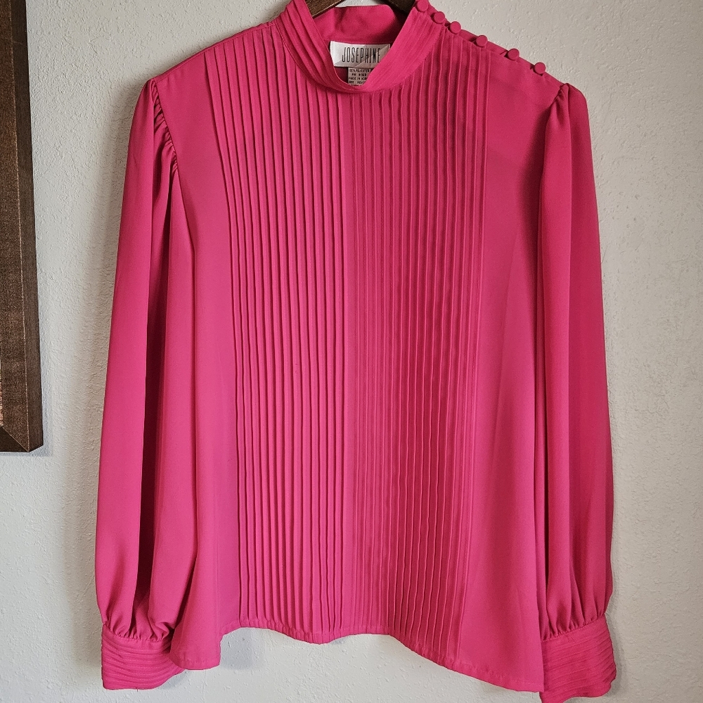 Josephine Vintage Hot Pink Pleated High Neck Blouse Sz 16